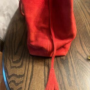 Red Suede Drawstring Tote with Tassel